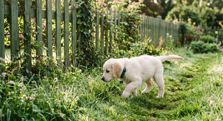 A labrador puppy walking through a garden