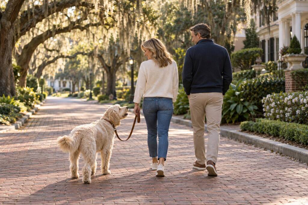 A couple walking their calm doodle on a loose leash under live oaks