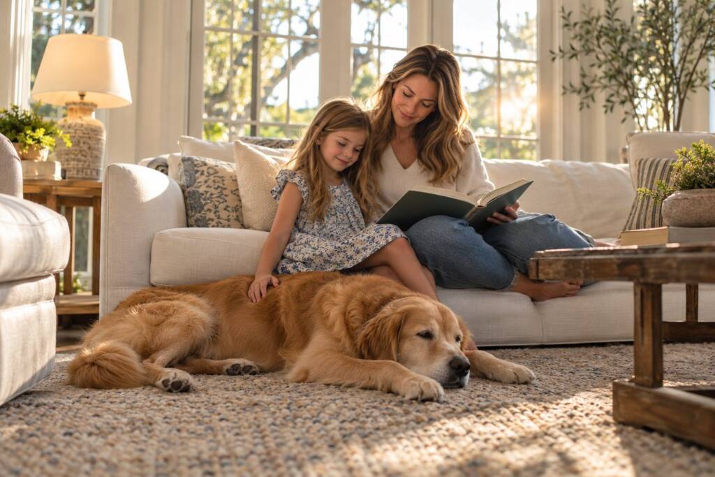 A mother and daughter reading on the sofa while their golden retriever rests on the rug