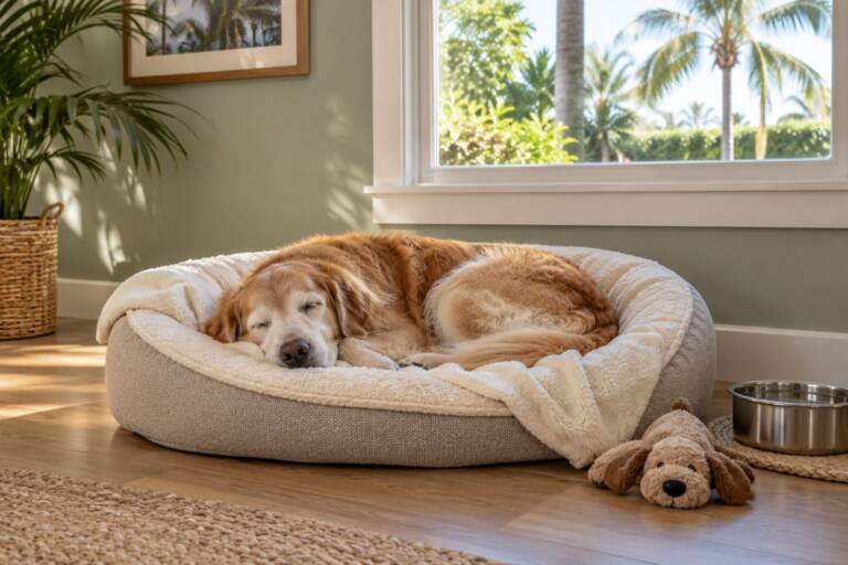 A golden retriever asleep on a plush bed in a bright, homelike room